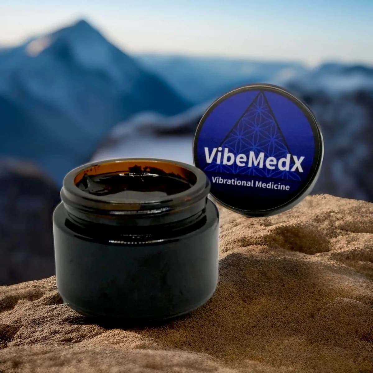 Open VibeMedX jar showing finished shilajit resin