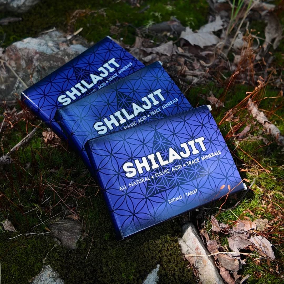 VibeMedX shilajit tablet boxes resting on forest moss